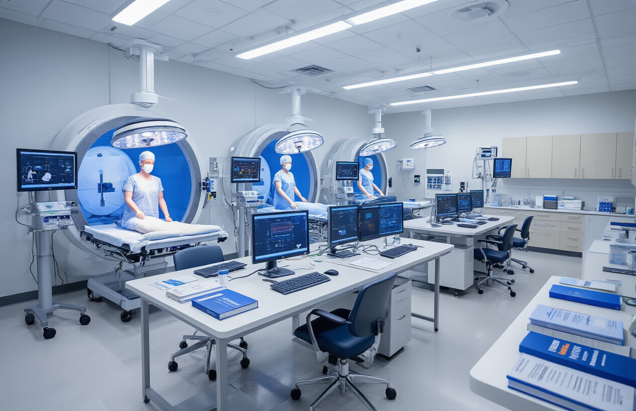 Create a realistic image of a modern healthcare training facility with multiple learning stations showing different specialized medical programs, including a surgical simulation area with mannequins and medical equipment, a computer workstation with digital learning modules on screens, medical textbooks and certification materials arranged on tables, stethoscopes and various medical instruments displayed on organized trays, bright fluorescent lighting typical of medical facilities, clean white and blue color scheme with professional medical equipment visible throughout the scene, creating an atmosphere of advanced medical education and professional development, Absolutely NO text should be in the scene.