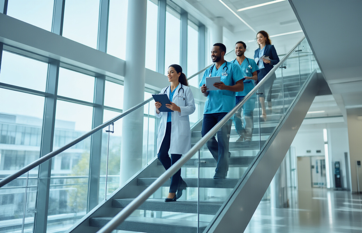 Create a realistic image of a diverse group of healthcare professionals in business attire climbing a modern glass staircase that symbolizes career advancement, including a white female doctor holding medical charts, a black male nurse with a stethoscope, and an Asian female healthcare administrator with a tablet, all moving upward together in a bright, contemporary medical facility with large windows providing natural lighting, medical equipment and certification symbols visible in the background, conveying progress and professional growth, absolutely NO text should be in the scene.