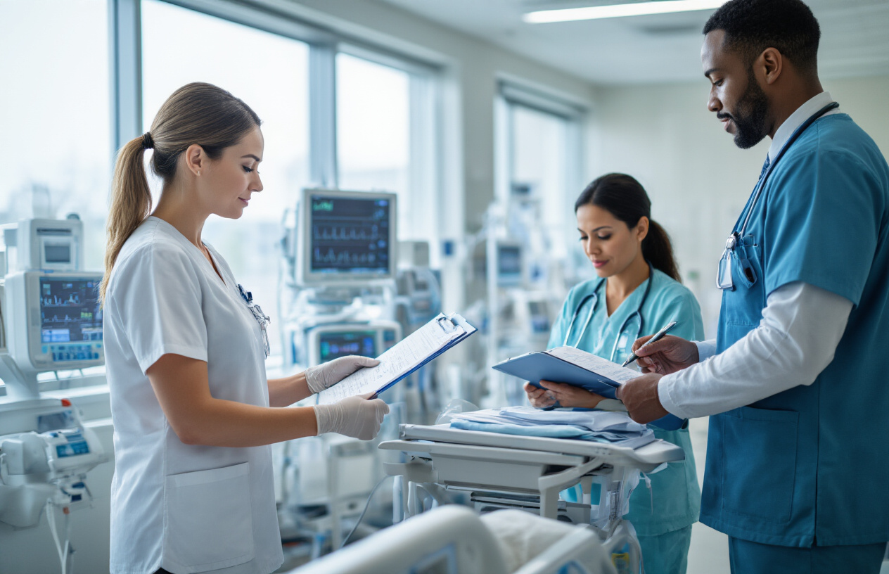Create a realistic image of a diverse healthcare team in a modern hospital setting, featuring a white female nurse carefully checking medical equipment while a black male doctor reviews patient charts, with a Hispanic female healthcare professional monitoring vital signs on advanced medical devices, all working collaboratively in a bright, clean patient care unit with state-of-the-art medical technology, natural lighting from large windows, and a calm, professional atmosphere that conveys safety and quality care, absolutely NO text should be in the scene.
