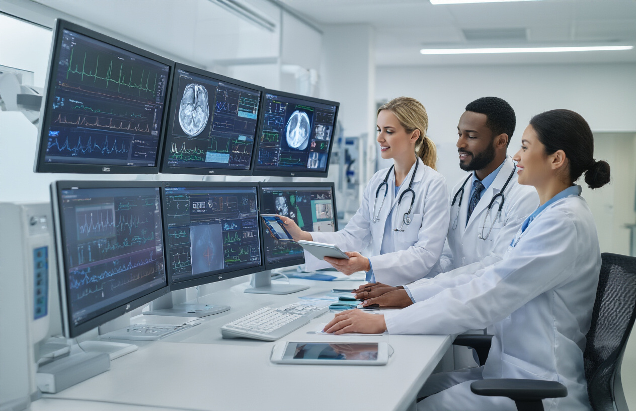 Create a realistic image of a diverse group of healthcare professionals including a white female doctor, black male nurse, and Asian female technician gathered around a modern medical workstation with multiple digital monitors displaying patient data, medical imaging, and electronic health records, with the professionals actively engaging with tablets and touch-screen interfaces, set in a contemporary hospital environment with clean white walls, modern medical equipment, and bright clinical lighting that emphasizes the integration of advanced technology in healthcare practice, absolutely NO text should be in the scene.