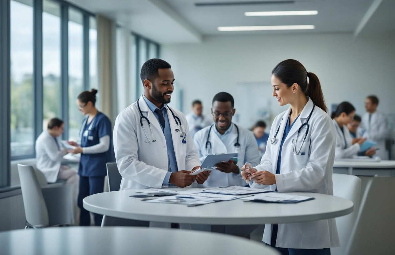 Create a realistic image of a diverse group of healthcare professionals including a white female doctor, a black male nurse, and an Asian female specialist standing together in a modern hospital conference room, engaged in collaborative discussion while reviewing medical charts and documents on a round table, with other healthcare workers visible in the background networking and exchanging business cards, bright natural lighting from large windows, professional and positive atmosphere conveying teamwork and knowledge sharing, absolutely NO text should be in the scene.