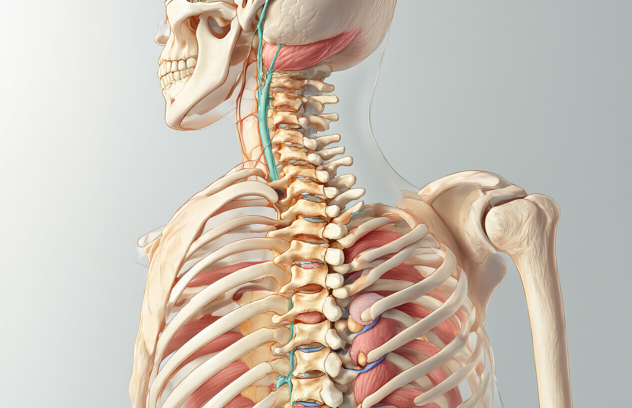 Create a realistic image of a detailed anatomical cross-section illustration of the human lower back and spine showing the lumbar vertebrae, intervertebral discs, spinal cord, and surrounding muscles, with subtle highlighting of potential problem areas like herniated discs or compressed nerves, set against a clean medical background with soft, even lighting that emphasizes the educational nature of the anatomical display, absolutely NO text should be in the scene.
