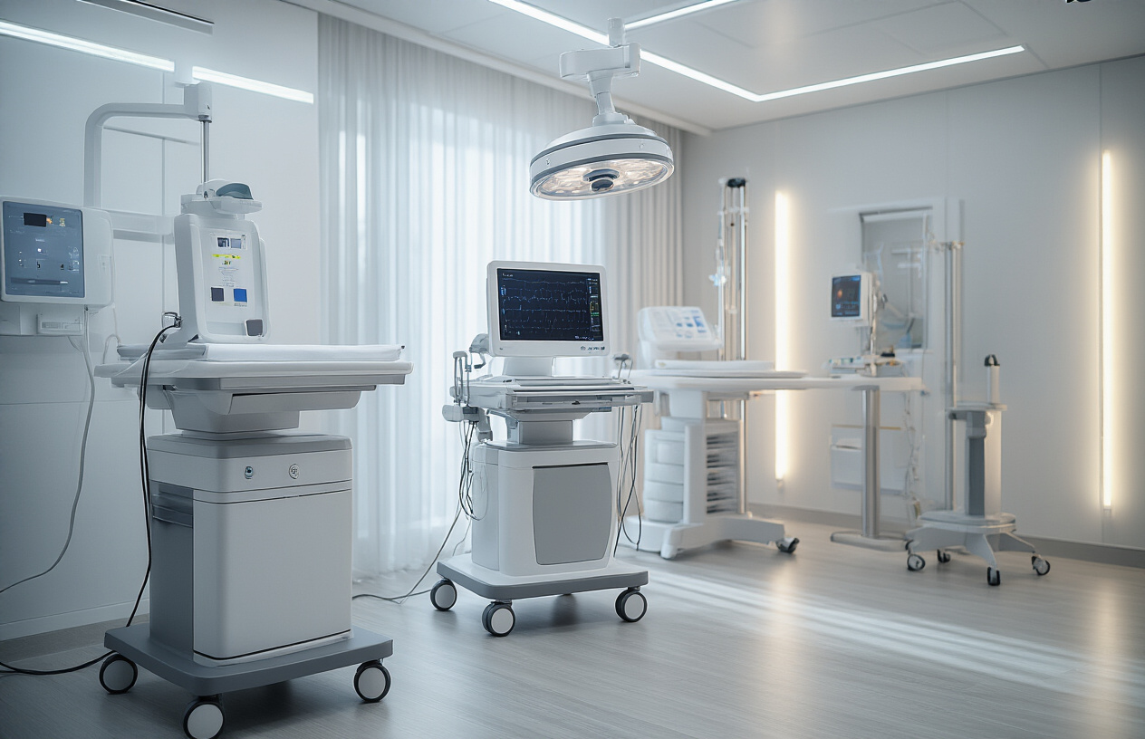 Create a realistic image of advanced medical equipment for spine treatment including a state-of-the-art laser therapy device, ultrasound machine, and electrical stimulation unit arranged in a modern physiotherapy clinic, with sleek white and silver medical devices on rolling carts, clean contemporary medical facility background with bright clinical lighting, sterile professional atmosphere showcasing innovative technology for back pain treatment, absolutely NO text should be in the scene.