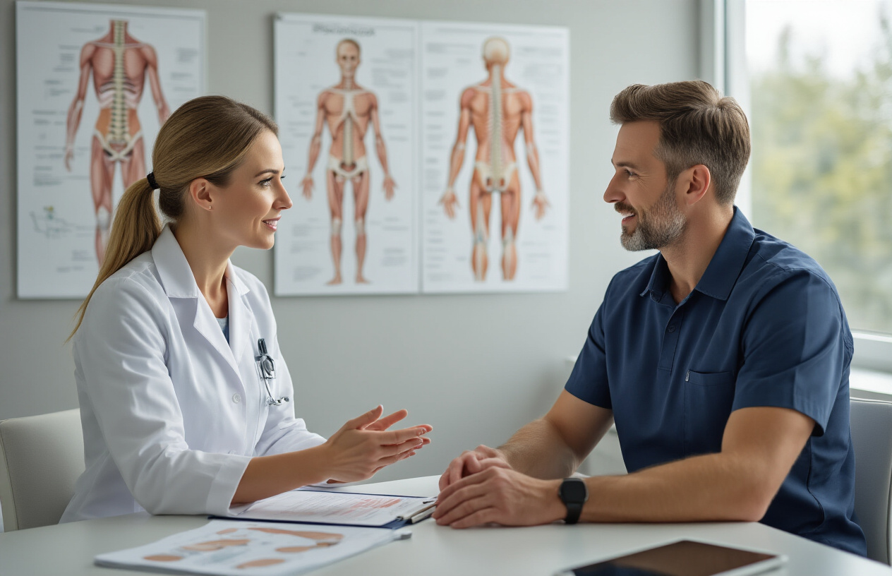 Create a realistic image of a white female physiotherapist in professional medical attire sitting at a modern desk with a white male patient, discussing a personalized treatment plan with anatomical spine charts on the wall behind them, medical assessment papers and a tablet on the desk, in a bright, clean clinical office setting with natural lighting from a window, conveying a collaborative and professional healthcare consultation atmosphere. Absolutely NO text should be in the scene.