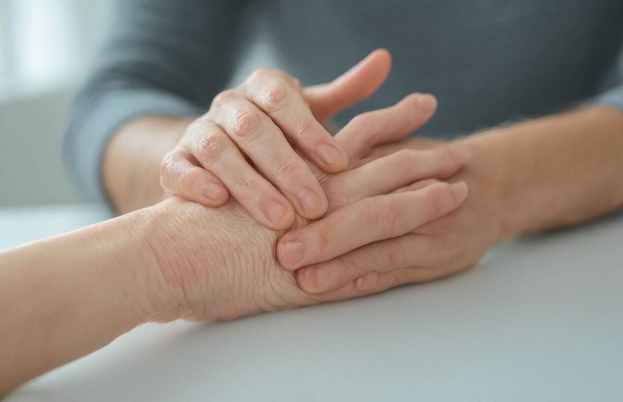 Create a realistic image of a close-up view of human hands showing early signs of carpal tunnel syndrome, with one hand gently massaging the wrist area of the other hand, fingers positioned to indicate tingling or numbness in the thumb, index, and middle fingers, soft natural lighting highlighting the anatomical details of the hands and wrists, clean medical or home environment background slightly blurred, calm and concerned mood suggesting awareness of symptoms, hands appearing slightly swollen or showing subtle signs of discomfort, absolutely NO text should be in the scene.