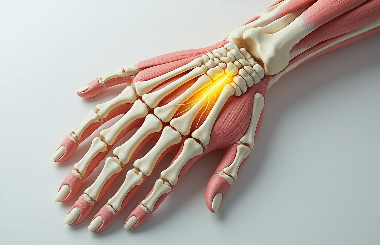 Create a realistic image of a detailed anatomical cross-section view of a human wrist and hand showing the carpal tunnel area, with the median nerve highlighted in yellow passing through the narrow tunnel formed by carpal bones and the transverse carpal ligament, surrounding tendons visible in pink and white, bones shown in ivory color, with soft medical lighting against a clean white background, demonstrating the compressed space where carpal tunnel syndrome develops, absolutely NO text should be in the scene.