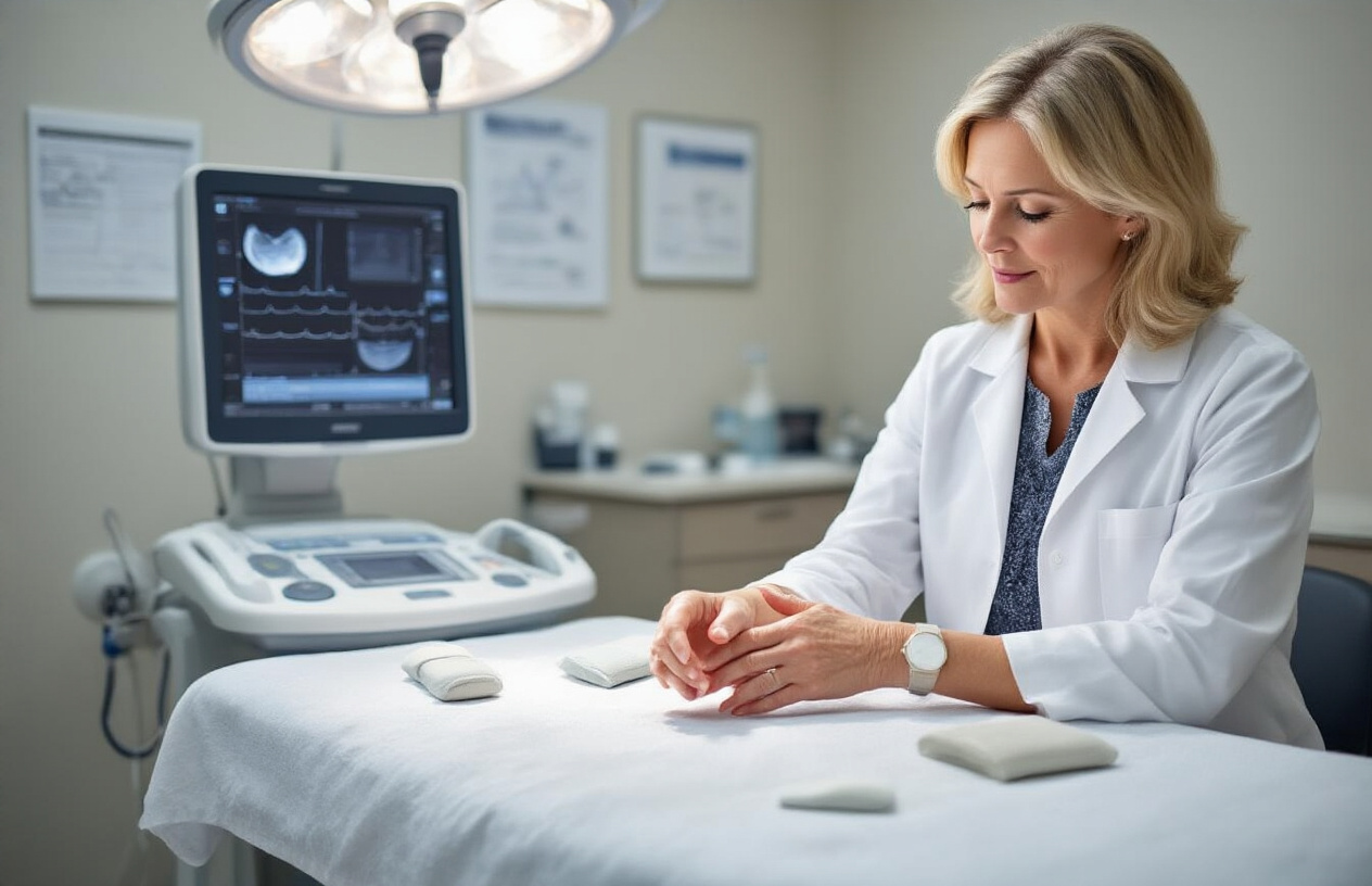 Create a realistic image of a modern medical office consultation room where a middle-aged white female doctor in a white coat is examining a patient's wrist and hand, with medical equipment including an ultrasound machine, wrist splints, and ergonomic devices visible on a clean examination table, bright clinical lighting illuminating the professional healthcare setting with diplomas and medical charts on the walls in the background, conveying a sense of professional medical expertise and hope for treatment, absolutely NO text should be in the scene.