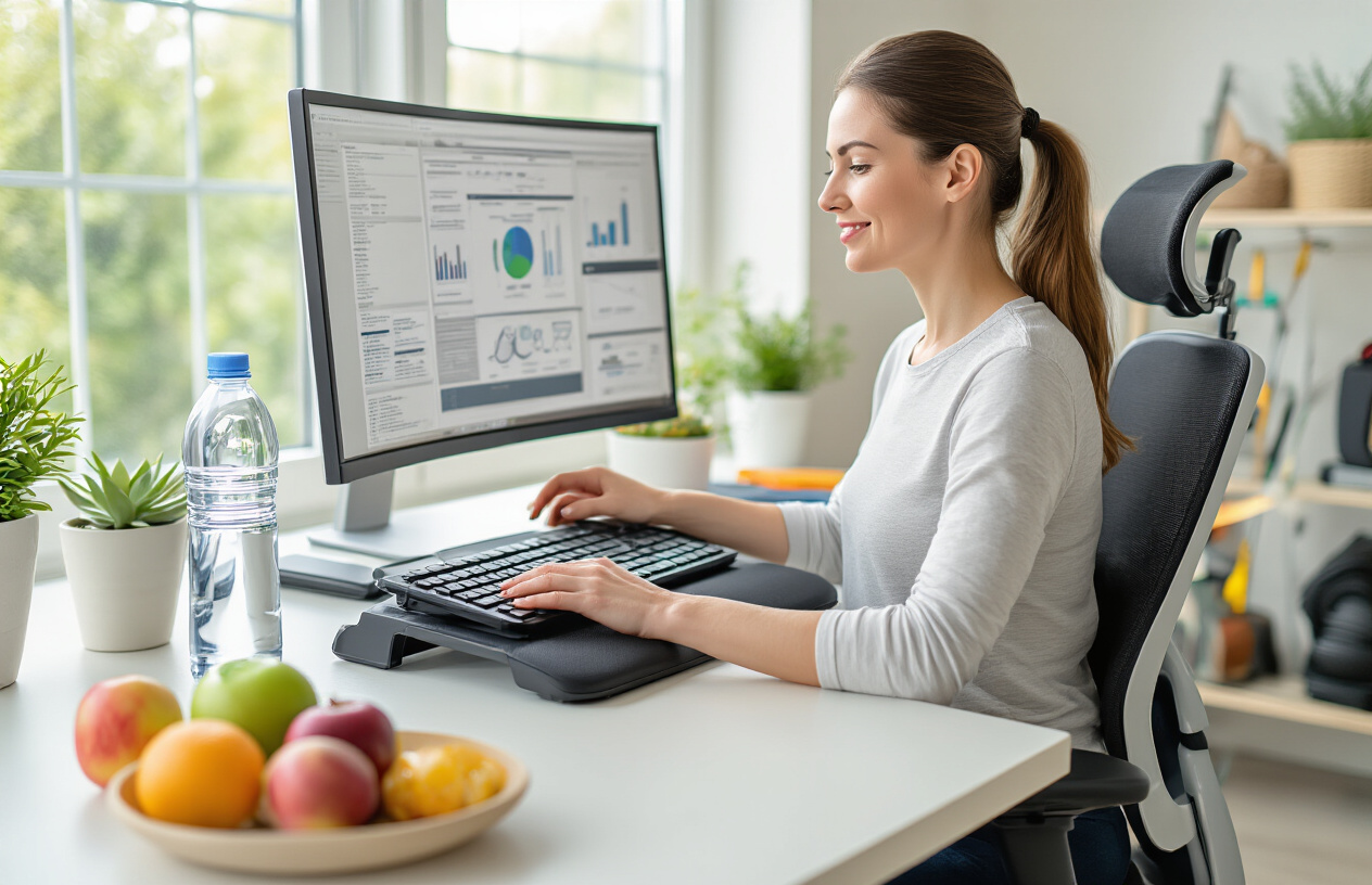 Create a realistic image of a white female in her 30s sitting at an ergonomic desk setup with proper wrist support pads, adjusting her computer monitor to eye level, with a standing desk converter partially raised, healthy snacks like fruits and water bottle nearby, natural lighting from a window, exercise equipment like resistance bands visible in the background, and her hands positioned correctly on an ergonomic keyboard, conveying a sense of health-conscious workspace optimization and preventive care, absolutely NO text should be in the scene.