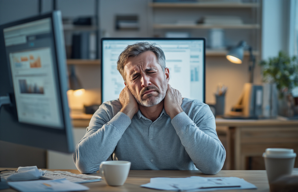 Create a realistic image of a middle-aged white male sitting at a desk holding his neck with both hands, showing visible discomfort and pain, with a computer monitor in front of him displaying blurred work content, surrounded by office supplies like papers and a coffee cup, in a dimly lit home office setting with warm lighting from a desk lamp, capturing the struggle of dealing with neck pain during daily work activities, absolutely NO text should be in the scene.