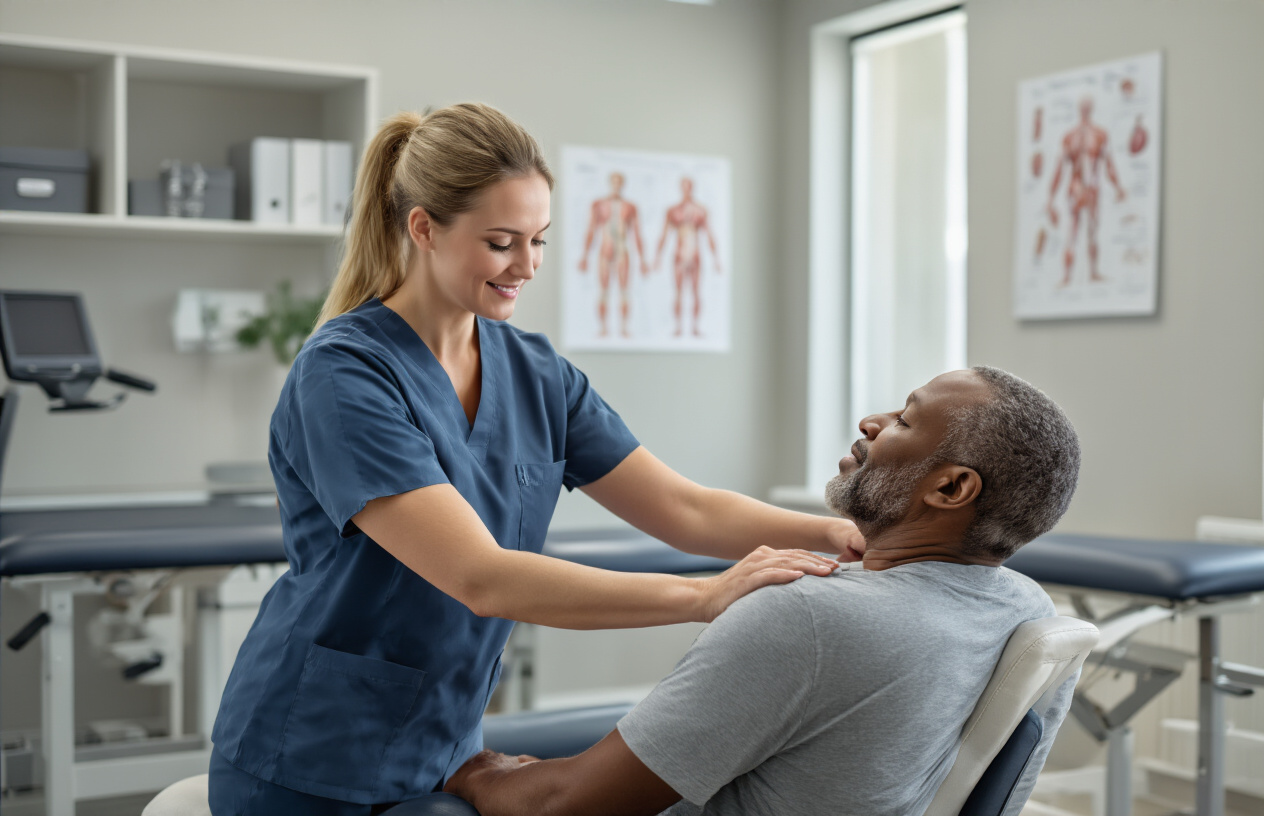 Create a realistic image of a white female physical therapist in medical scrubs performing neck stretching techniques on a middle-aged black male patient who is seated on a treatment table, showing gentle manual therapy movements focused on the cervical spine area, with the patient appearing relaxed and comfortable, set in a clean modern physical therapy clinic with exercise equipment and anatomical charts visible in the soft natural lighting background, absolutely NO text should be in the scene.
