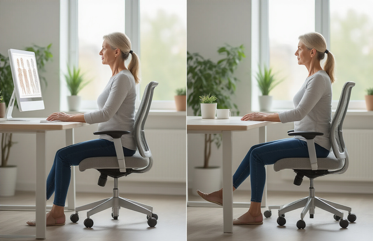 Create a realistic image of a middle-aged white female sitting at a modern ergonomic desk chair demonstrating proper posture with her back straight, shoulders relaxed, and head in neutral alignment, with a side-by-side comparison showing the same woman slouching with forward head posture and rounded shoulders, set in a clean modern office environment with natural lighting from a window, featuring anatomical spine diagram elements subtly visible in the background to illustrate cervical spine alignment, professional medical consultation atmosphere with soft natural lighting, absolutely NO text should be in the scene.