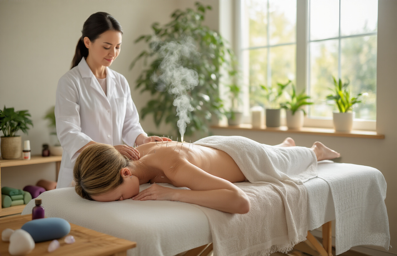 Create a realistic image of a serene wellness clinic room featuring a middle-aged white female receiving acupuncture treatment on a comfortable massage table, with thin acupuncture needles visible on her neck and shoulder area, while a professional Asian female acupuncturist in white coat stands nearby, the scene includes natural elements like essential oil diffusers releasing gentle steam, yoga blocks and resistance bands on a nearby shelf, healing crystals on a wooden side table, soft natural lighting streaming through a window with green plants visible outside, creating a calm and therapeutic atmosphere that emphasizes holistic healing approaches, absolutely NO text should be in the scene.