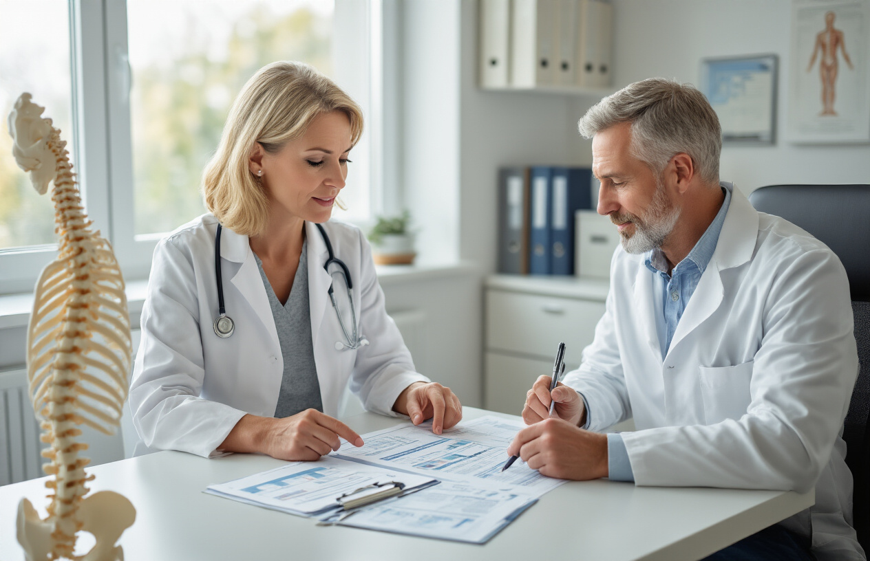 Create a realistic image of a middle-aged white female healthcare professional sitting at a clean modern desk with a white male patient in his 50s, both looking at documents and charts spread on the desk surface, the woman pointing to a recovery timeline chart while the man takes notes, bright natural lighting from a window, professional medical office setting with anatomical spine model visible on desk, organized filing cabinets and medical diplomas on walls in background, collaborative and hopeful atmosphere showing partnership in treatment planning, absolutely NO text should be in the scene.