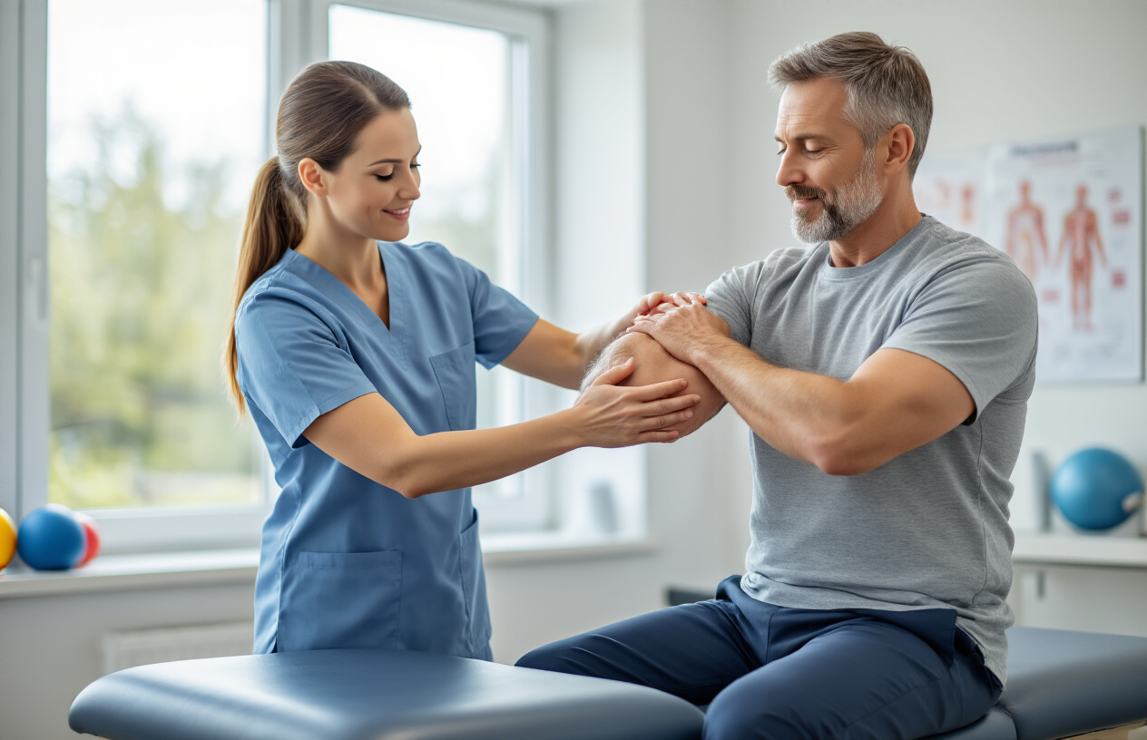 Create a realistic image of a white female physical therapist in scrubs performing evidence-based therapy techniques on a middle-aged white male patient's elbow, showing the therapist's hands applying gentle manual therapy to the patient's extended arm while he sits on a treatment table, with professional rehabilitation equipment like resistance bands, therapy balls, and anatomical charts visible in the background, set in a clean modern physical therapy clinic with bright natural lighting from large windows, creating a professional and healing atmosphere, Absolutely NO text should be in the scene.