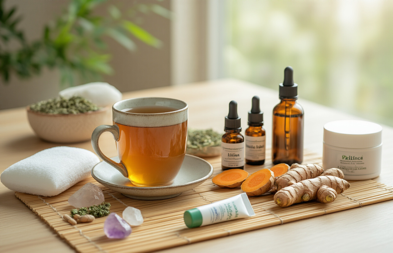 Create a realistic image of a serene wellness setup featuring natural tennis elbow remedies including herbal tea in a ceramic cup, essential oil bottles with dropper, fresh turmeric root and ginger, ice pack, compression bandage, acupuncture needles laid on bamboo mat, healing crystals, and arnica cream tube arranged on a light wooden surface with soft natural lighting from a nearby window, creating a calm therapeutic atmosphere that conveys holistic healing and recovery, absolutely NO text should be in the scene.