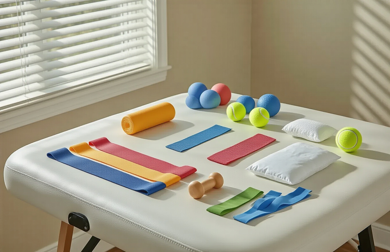 Create a realistic image of tennis elbow rehabilitation equipment and tools arranged on a clean white physical therapy table, including resistance bands in various colors, a foam roller, compression elbow brace, therapy putty, lightweight dumbbells, a tennis ball for grip exercises, ice pack, and elastic therapeutic bands, with soft natural lighting from a window creating gentle shadows, in a professional medical or physical therapy clinic setting with neutral colored walls in the background, absolutely NO text should be in the scene.