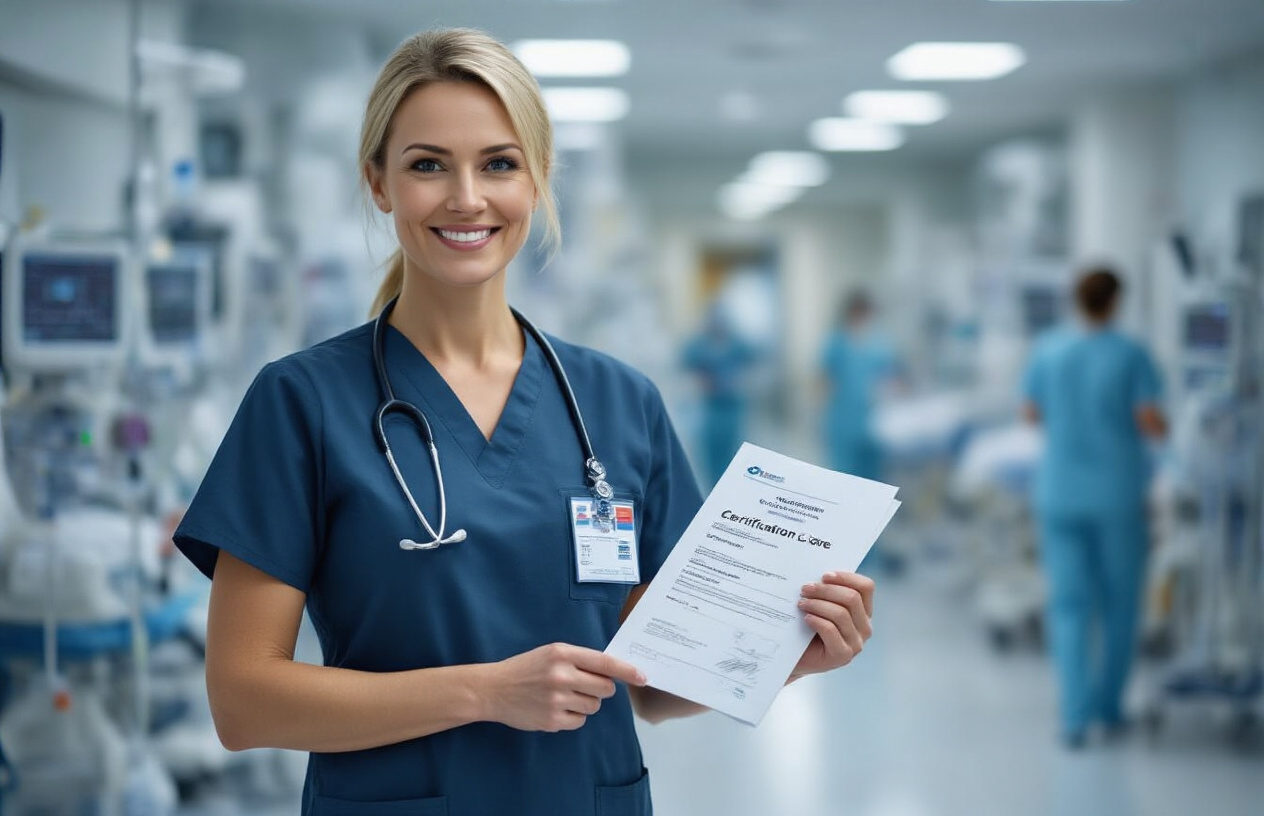 Create a realistic image of a professional white female nurse in scrubs standing confidently in a modern hospital critical care unit, holding a certification document or badge, with advanced medical equipment like ventilators and monitors visible in the background, bright clinical lighting, conveying achievement and career advancement, with other healthcare professionals working in the blurred background, absolutely NO text should be in the scene.