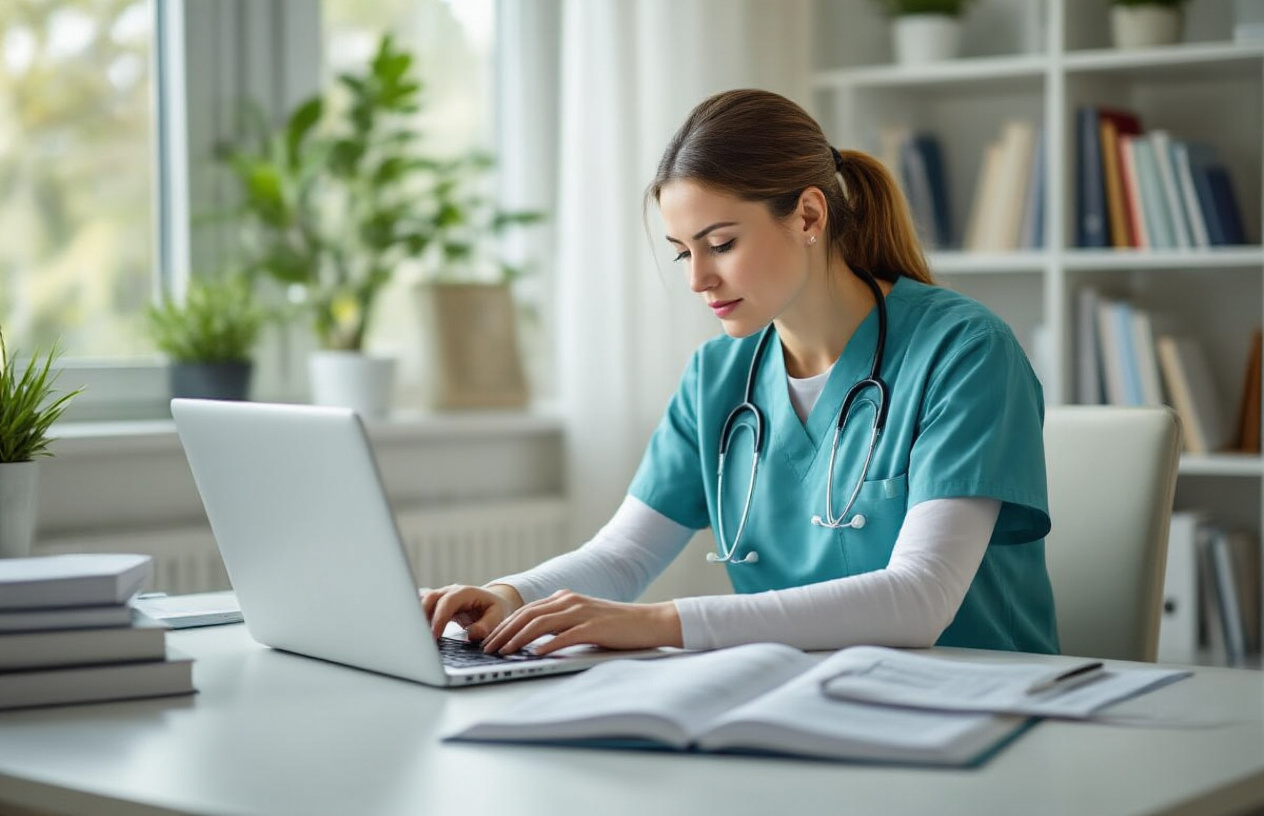 Create a realistic image of a white female nurse in scrubs sitting at a modern desk with an open laptop computer, studying medical textbooks and certification documents spread across the workspace, with a stethoscope draped around her neck, in a well-lit home office or library setting with medical reference books on shelves in the background, conveying a focused and professional learning atmosphere with warm natural lighting from a window, absolutely NO text should be in the scene.
