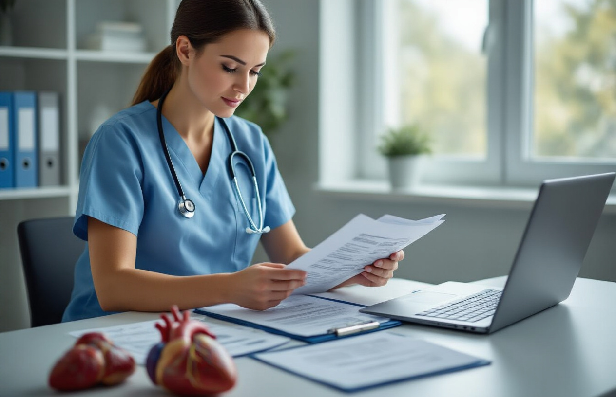 Create a realistic image of a white female nurse in scrubs sitting at a modern desk reviewing certification documents and requirements paperwork, with a stethoscope around her neck, a laptop computer open displaying medical certification information, official certification folders and papers spread across the desk, a heart anatomy model visible on the desk, in a clean professional office environment with soft natural lighting from a window, conveying a focused and studious atmosphere as she prepares for cardiac care certification, absolutely NO text should be in the scene.