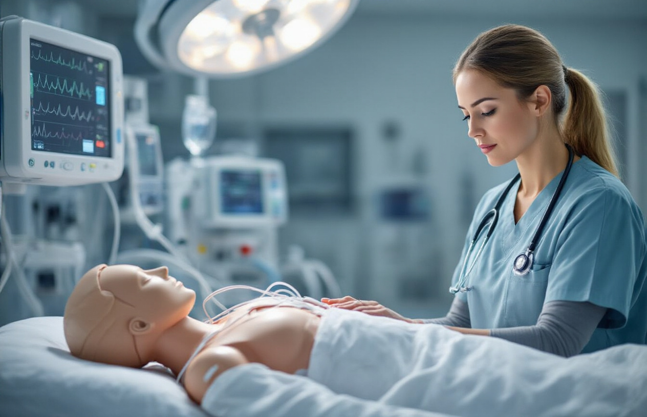 Create a realistic image of a white female nurse in medical scrubs practicing advanced cardiac care skills in a modern hospital training room, using a high-tech patient simulator mannequin connected to heart monitoring equipment, with ECG machines and defibrillator visible in the background, bright clinical lighting illuminating the scene, conveying focused learning and professional development atmosphere, absolutely NO text should be in the scene.