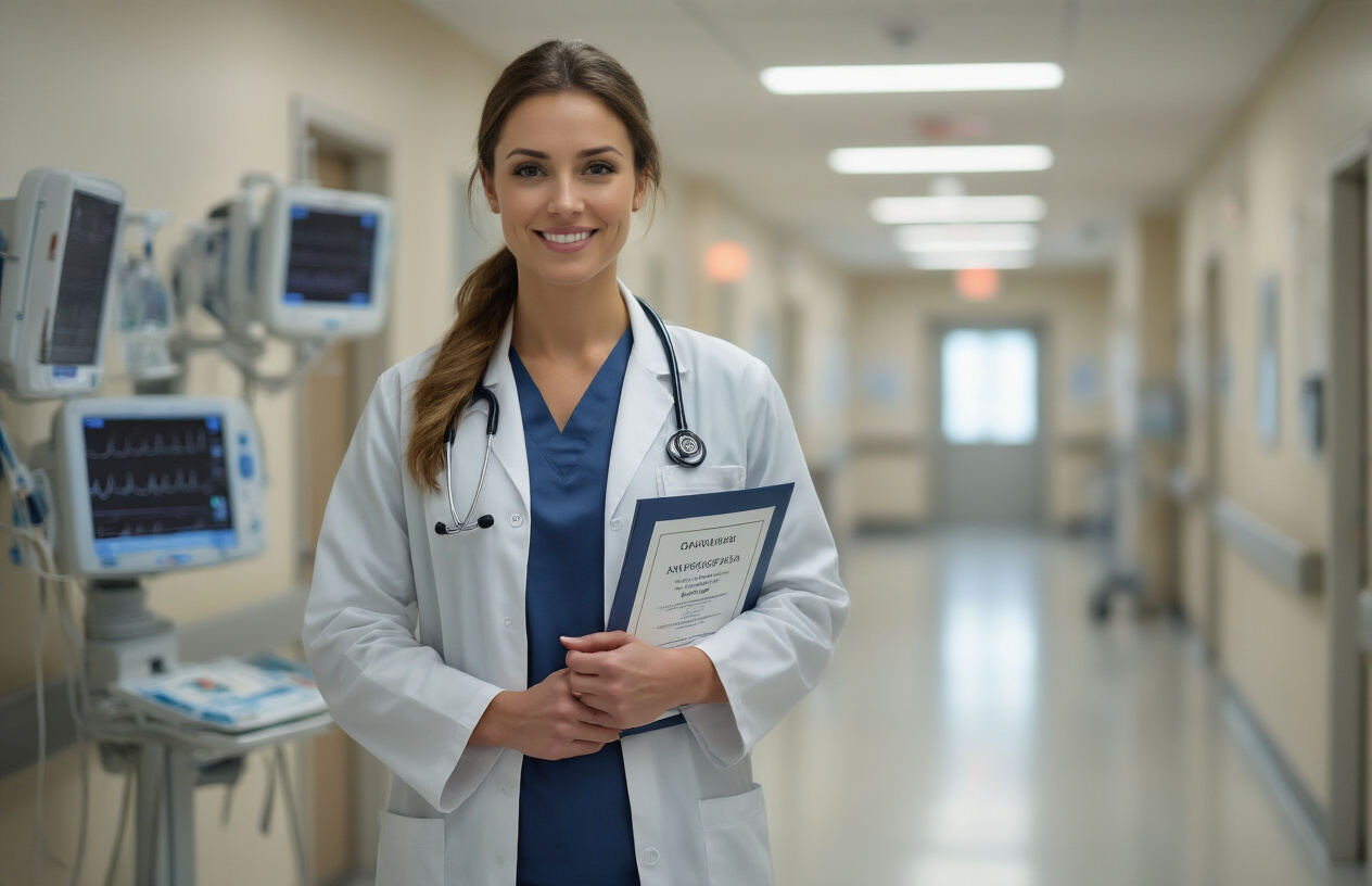 Create a realistic image of a white female cardiac care nurse in professional scrubs standing confidently in a modern hospital hallway, wearing a stethoscope around her neck and holding a certification certificate or professional badge, with medical equipment and cardiac monitors visible in the background, warm professional lighting highlighting her accomplished demeanor, conveying expertise and professional achievement in healthcare setting, absolutely NO text should be in the scene.