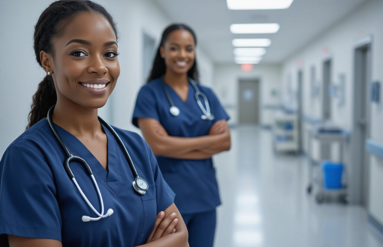 Create a realistic image of a professional black female infection control nurse in navy blue scrubs wearing a stethoscope around her neck, standing confidently in a modern hospital corridor with medical equipment and sanitization stations visible in the background, bright clinical lighting illuminating the clean white walls and polished floors, conveying a sense of expertise and dedication to patient safety, absolutely NO text should be in the scene.