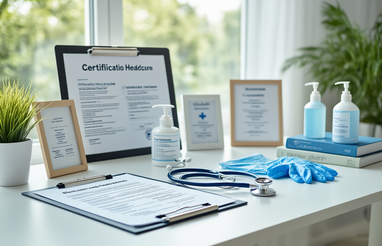 Create a realistic image of a professional healthcare setting showing certification documents and requirements laid out on a clean white desk, including a stethoscope, medical textbooks on infection control, a clipboard with checklist forms, educational certificates in frames, a computer displaying online course modules, hand sanitizer bottles, and medical gloves arranged neatly, with soft natural lighting from a window creating a professional and organized atmosphere, absolutely NO text should be in the scene.