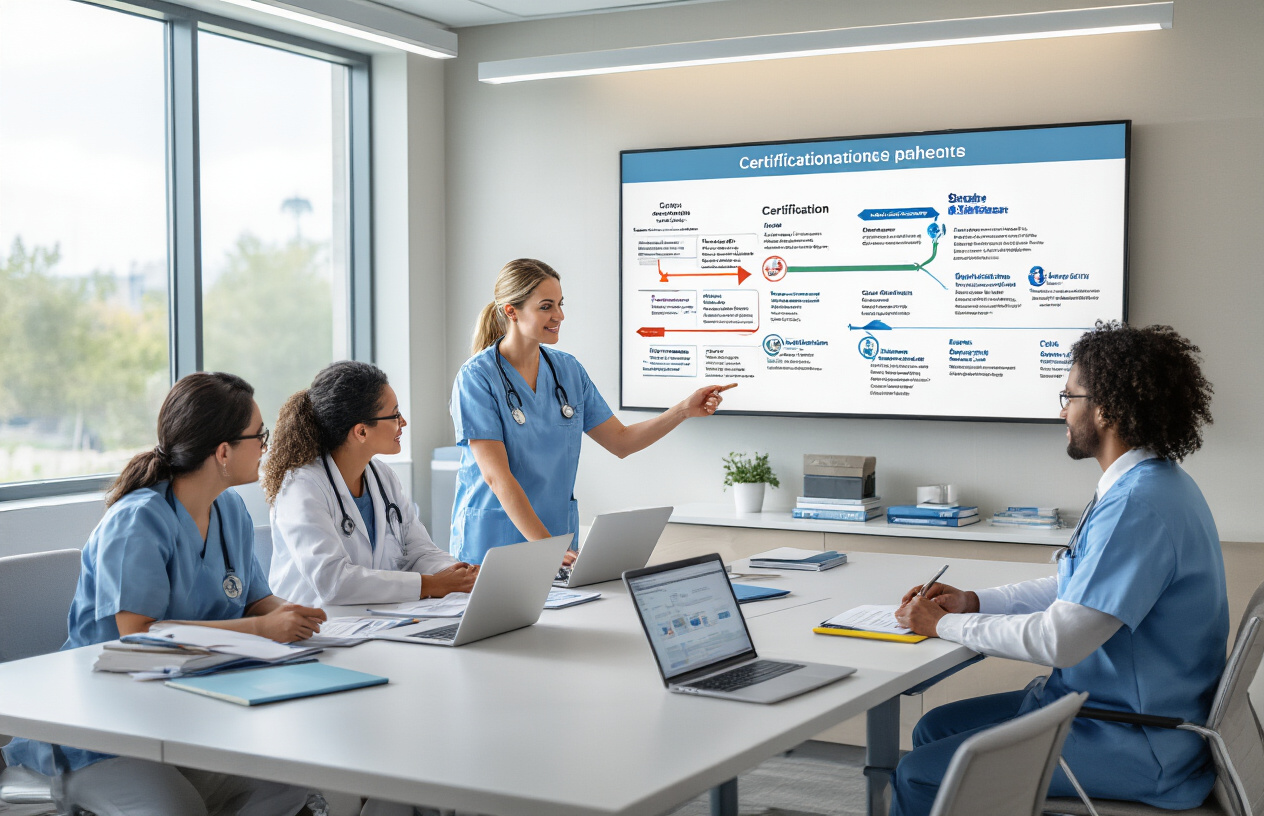 Create a realistic image of a diverse group of healthcare professionals in business attire sitting around a modern conference table reviewing certification documents and career pathway materials, with a white female nurse in scrubs pointing to a large wall-mounted flowchart showing different certification tracks and career progression routes, complemented by laptops, professional folders, and medical textbooks on the table, set in a bright contemporary hospital education room with natural lighting from large windows, conveying a professional and educational atmosphere focused on career development and learning opportunities, absolutely NO text should be in the scene.