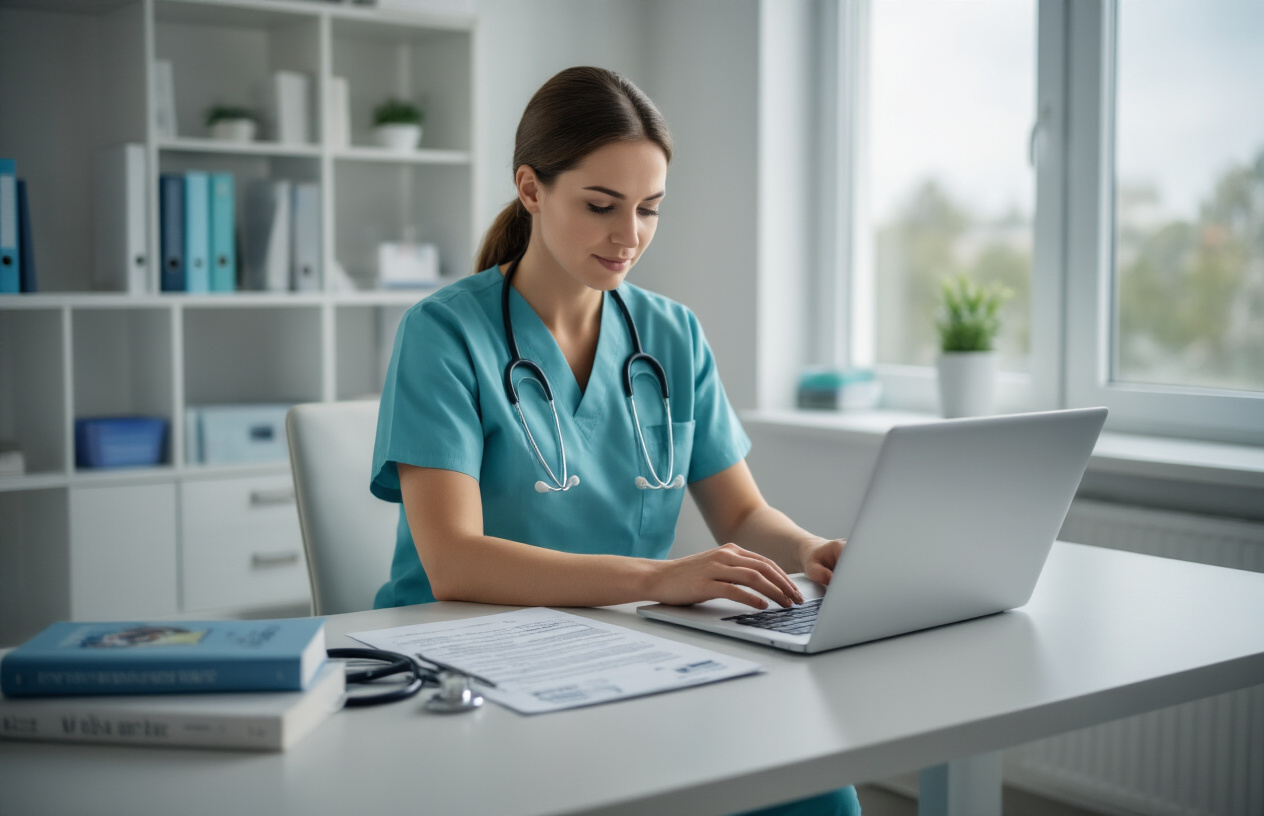 Create a realistic image of a professional white female nurse in scrubs sitting at a modern desk with a laptop open, reviewing certification documents and educational materials about infection control, with medical textbooks, a stethoscope, and certification certificates visible on the desk, in a clean hospital office environment with soft natural lighting from a window, conveying a sense of professional development and career advancement, absolutely NO text should be in the scene.
