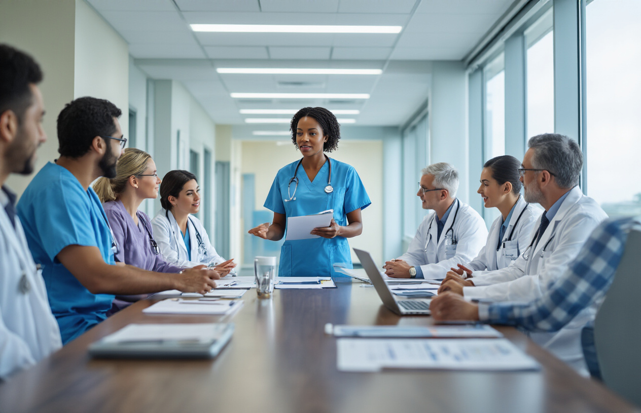 Create a realistic image of a diverse group of healthcare professionals in a modern hospital conference room during a leadership meeting, featuring a black female nurse in scrubs standing at the front presenting to seated colleagues including white and Hispanic male and female nurses and administrators, with medical charts and laptops on the conference table, bright fluorescent lighting, large windows showing a hospital corridor in the background, professional and collaborative atmosphere, absolutely NO text should be in the scene.