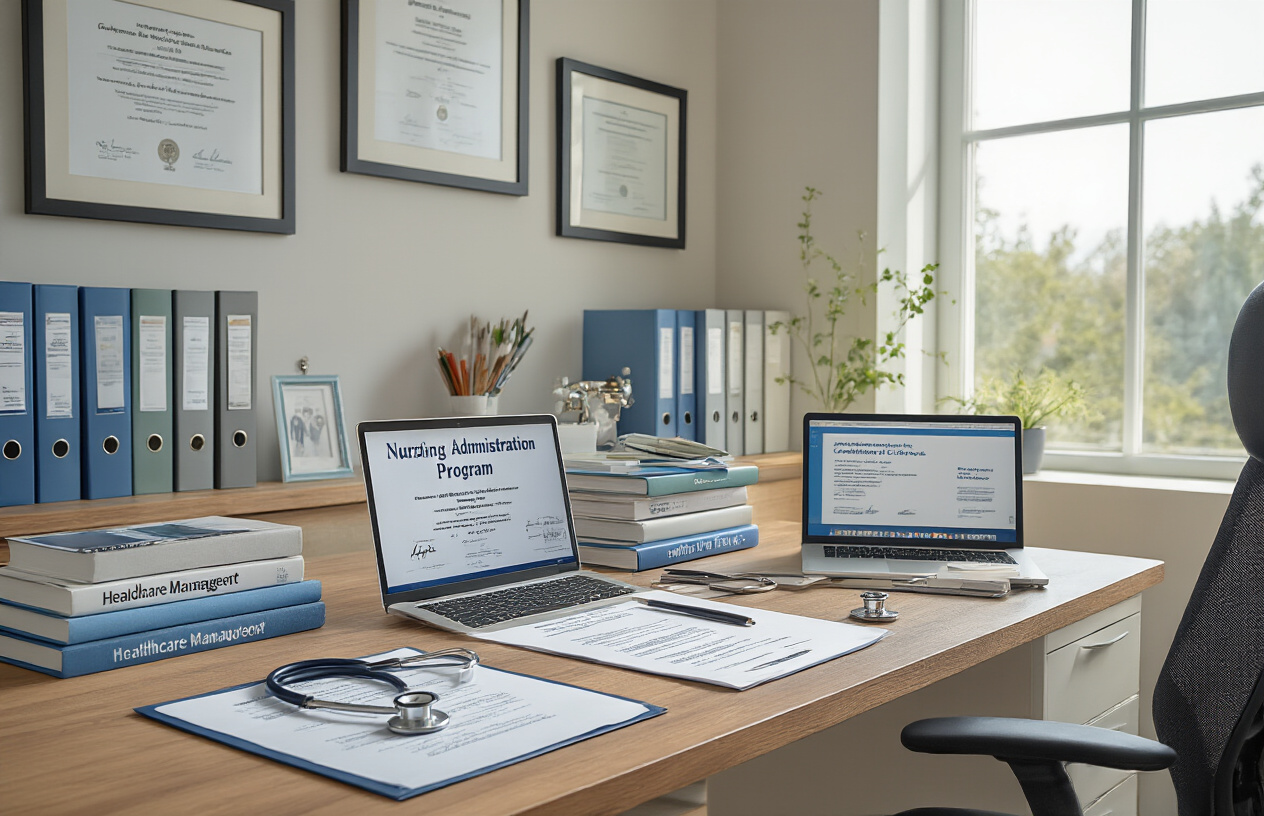 Create a realistic image of a professional healthcare office setting with a wooden desk displaying nursing administration certification documents, a laptop computer showing an online certification program interface, medical textbooks and binders labeled with healthcare management topics, a stethoscope, and official credential certificates in frames, with a modern office chair and filing cabinets in the background, bright natural lighting from a window, conveying a professional and educational atmosphere, absolutely NO text should be in the scene.