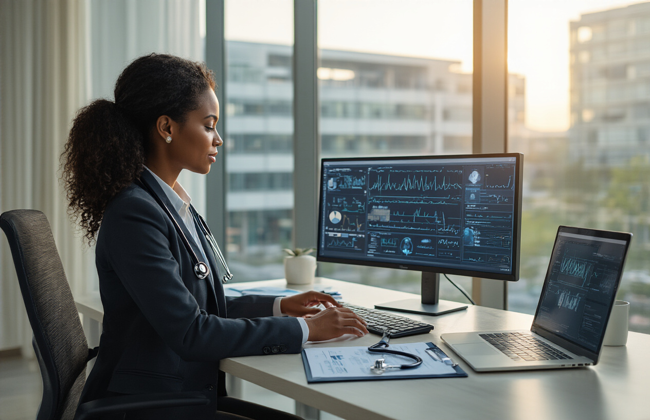 Create a realistic image of a professional Black female healthcare administrator in a modern hospital executive office, wearing a business suit while reviewing digital healthcare data on a large monitor, with medical charts and leadership documents on her desk, a stethoscope placed beside her laptop symbolizing her clinical background, floor-to-ceiling windows showing a hospital complex in the background, warm natural lighting creating a confident and authoritative atmosphere, absolutely NO text should be in the scene.