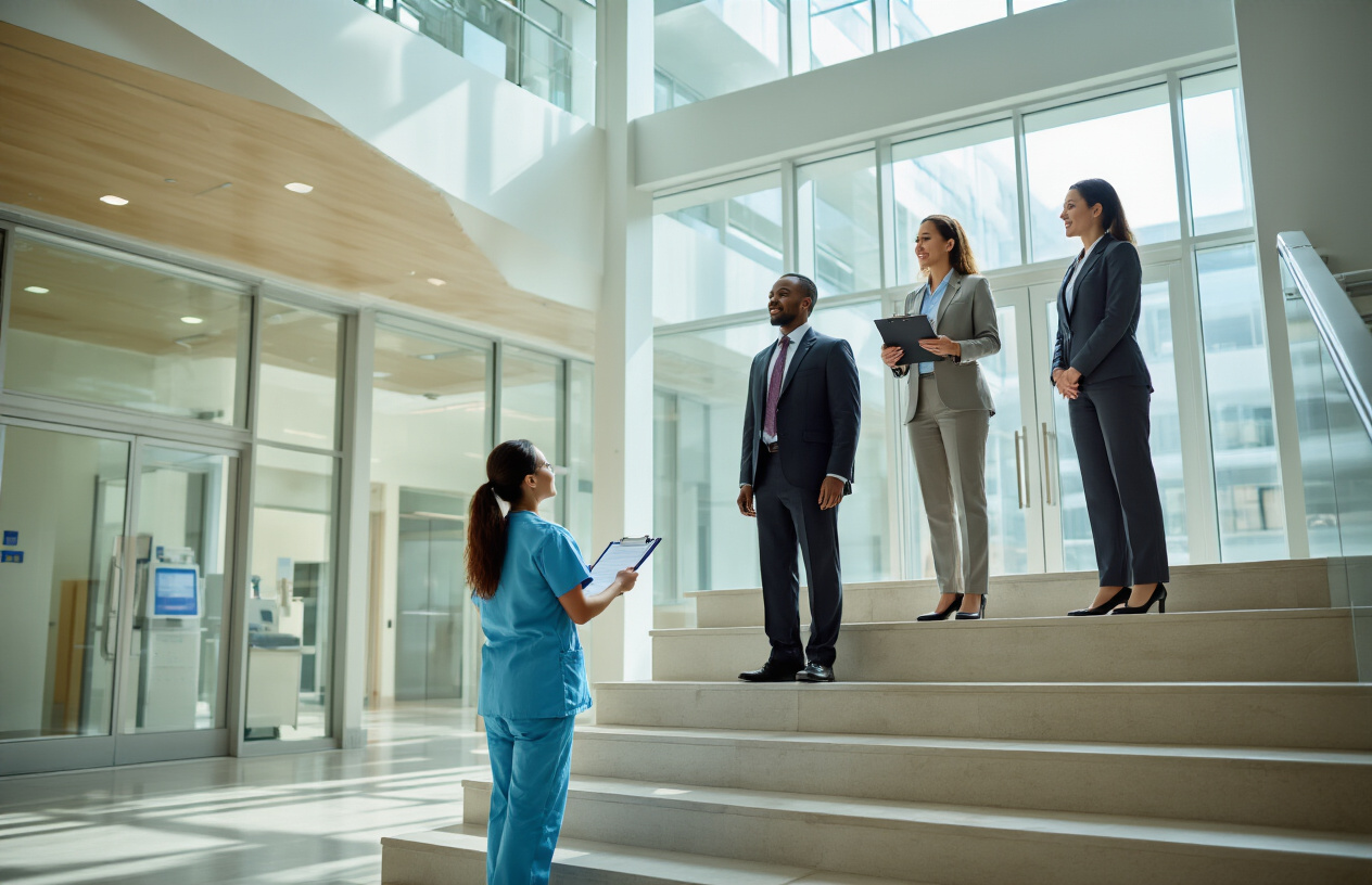 Create a realistic image of a diverse group of healthcare professionals in business attire standing on ascending steps or a staircase, with a white female nurse in scrubs at the bottom step looking upward, a black male healthcare administrator in a suit on a middle step holding a clipboard, and an Asian female executive in professional clothing at the top step near glass doors of a modern hospital administrative office, with warm natural lighting streaming through large windows, medical equipment and charts visible in the background, conveying upward mobility and career progression in healthcare management, absolutely NO text should be in the scene.