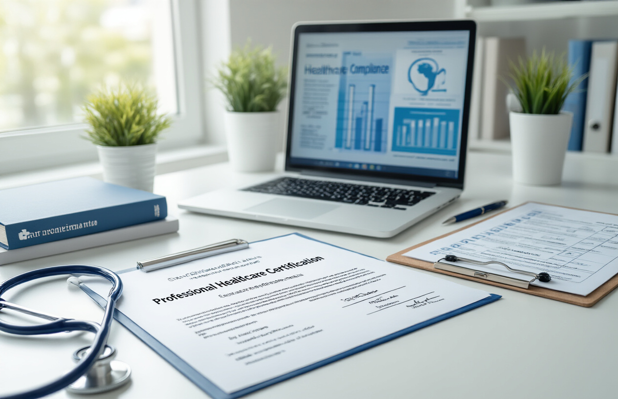 Create a realistic image of a professional healthcare certification document or certificate lying on a clean white desk surface, surrounded by medical reference books, a stethoscope, and a laptop computer displaying healthcare compliance charts, with a clipboard showing checkboxes and requirements lists nearby, in a bright, well-lit office environment with natural lighting from a window, conveying a professional and organized atmosphere for healthcare education and certification preparation, absolutely NO text should be in the scene.