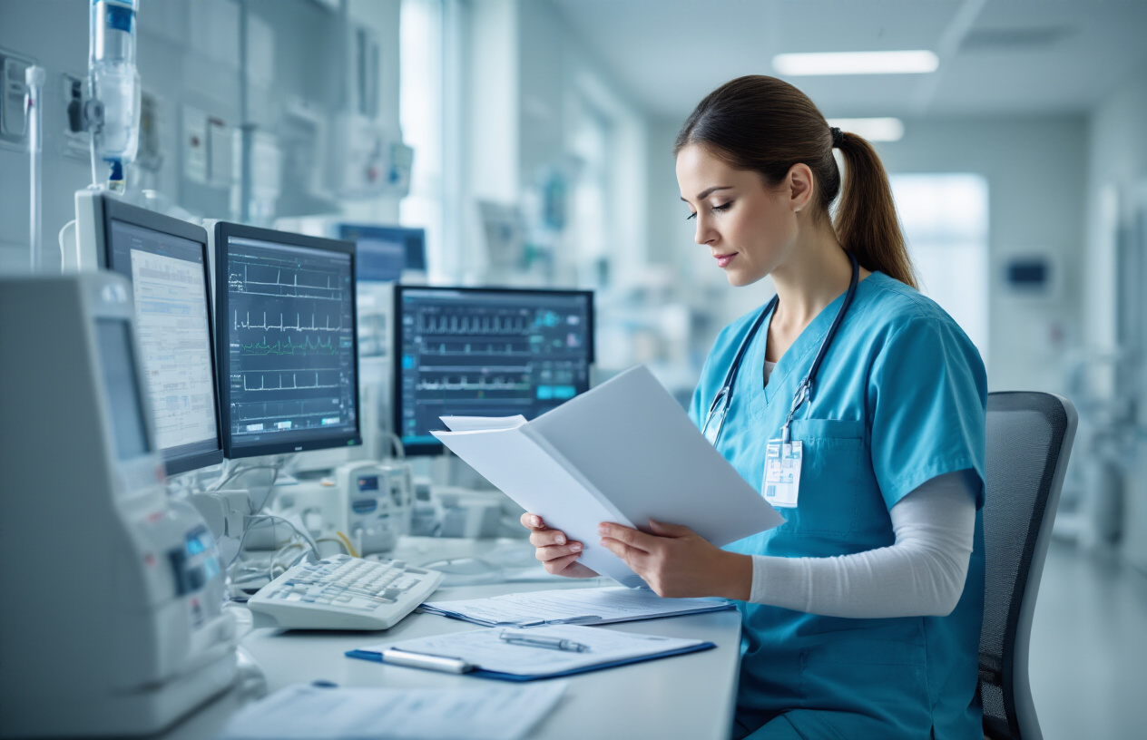 Create a realistic image of a professional healthcare environment showing a white female quality control nurse in scrubs reviewing medical charts and monitoring equipment in a modern hospital setting, with medical devices, computer screens displaying patient data, and clinical documentation visible on a desk, surrounded by a clean, well-lit medical facility atmosphere that conveys precision and healthcare excellence, with soft natural lighting from windows creating a focused and professional mood. Absolutely NO text should be in the scene.
