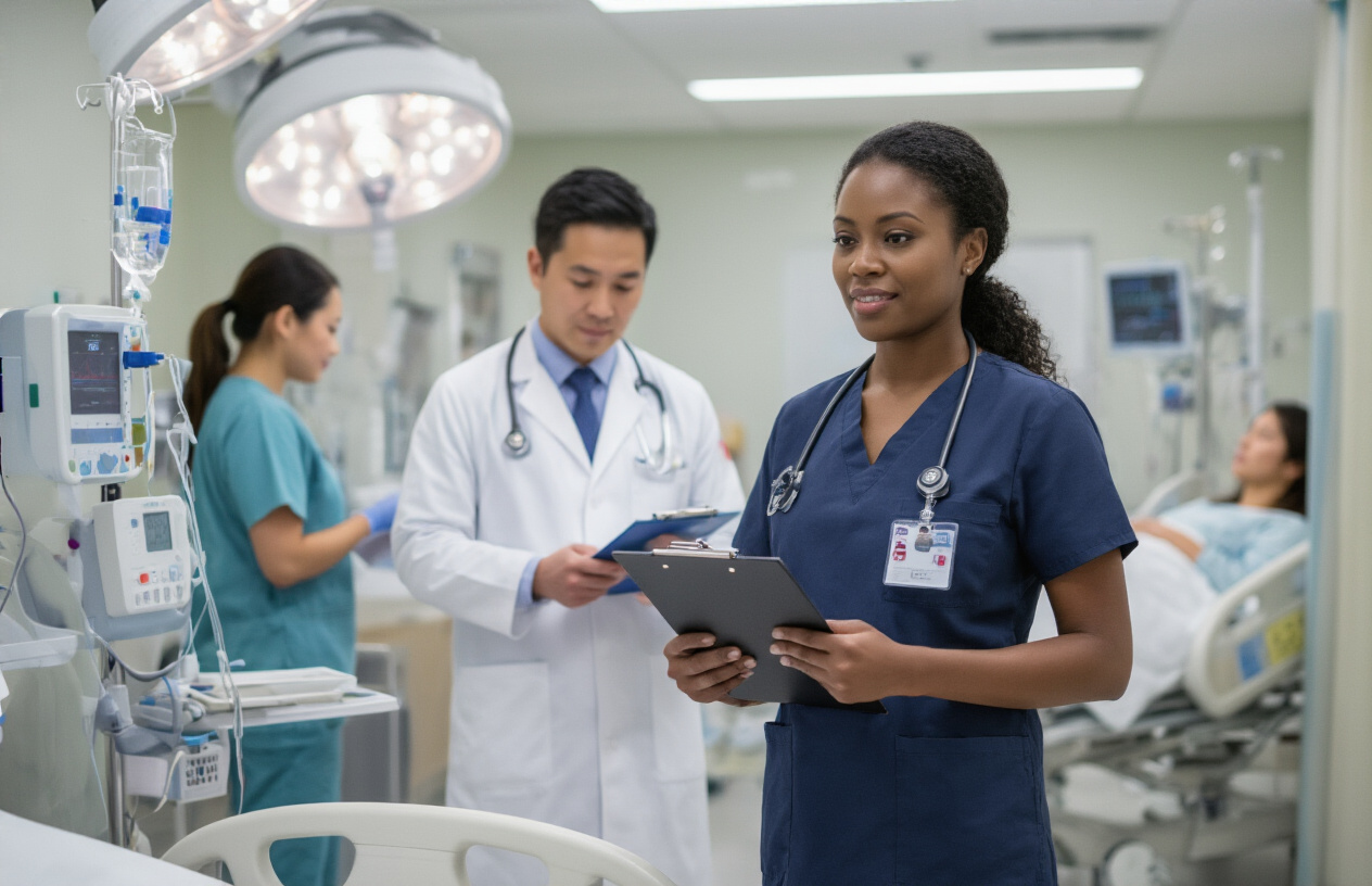 Create a realistic image of a diverse group of healthcare professionals including a black female quality control nurse with a clipboard conducting safety checks, a white male doctor reviewing patient charts, and an Asian female nurse attending to a patient in a modern hospital room with medical monitoring equipment, IV stands, and safety protocols visibly in place, bright clinical lighting, professional healthcare atmosphere focused on patient safety and quality care, absolutely NO text should be in the scene.