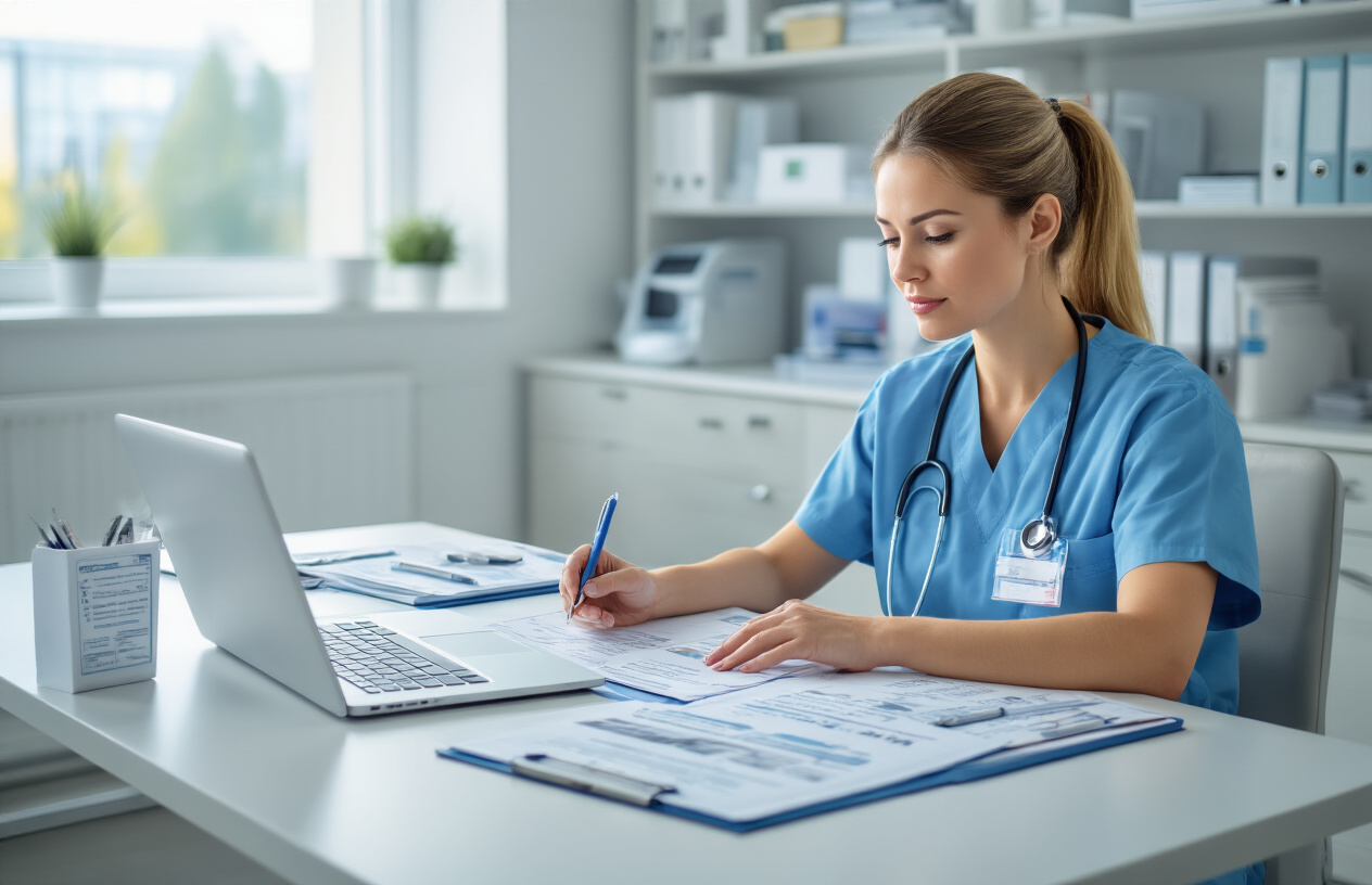 Create a realistic image of a professional healthcare setting showing a white female nurse in scrubs sitting at a clean desk with certification documents, study materials, and a laptop computer, surrounded by medical charts and healthcare quality control checklists, with a bright modern hospital office background featuring medical equipment and filing cabinets, conveying a focused and determined learning atmosphere with natural lighting from a window, absolutely NO text should be in the scene.