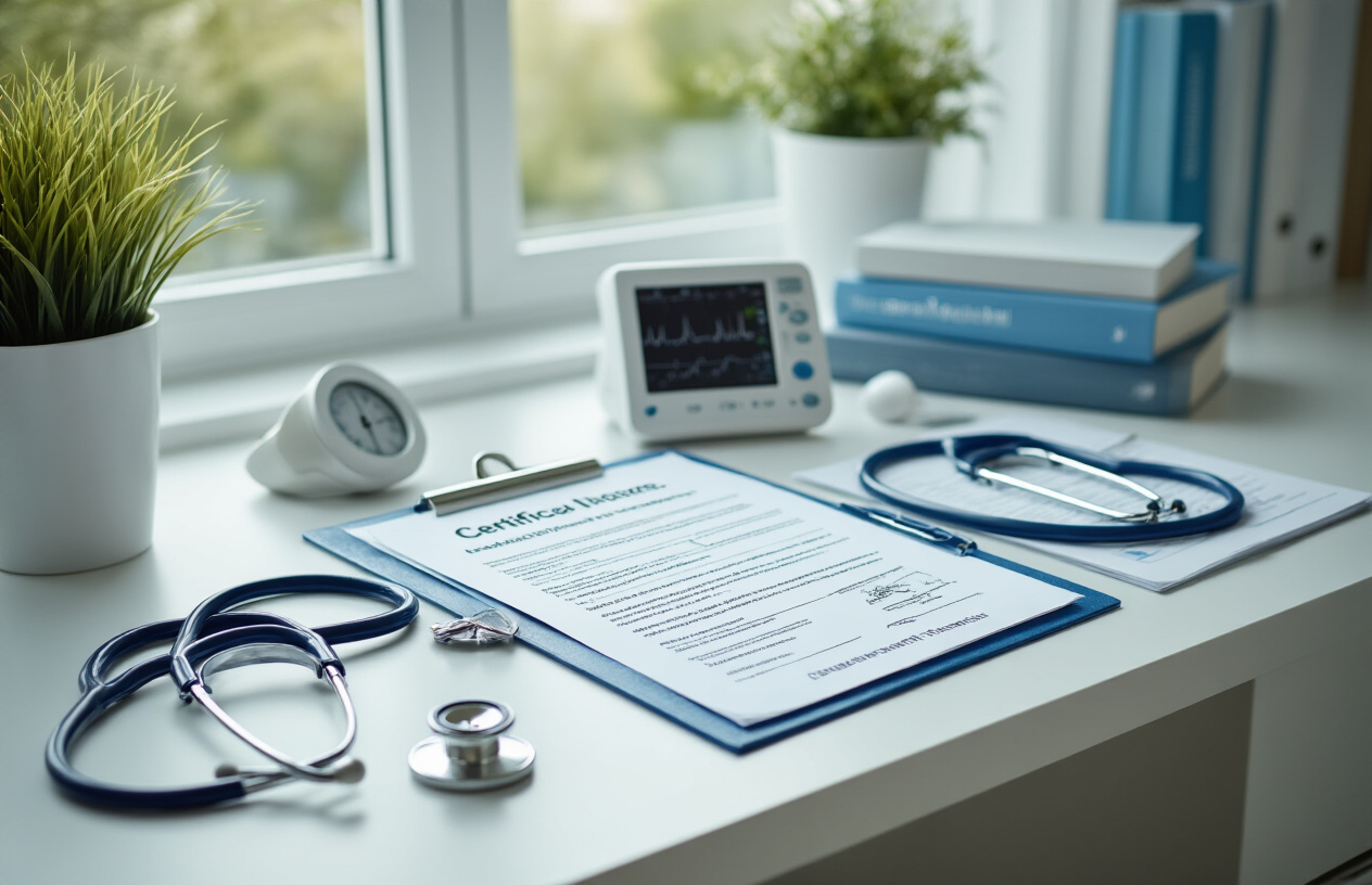 Create a realistic image of a professional healthcare setting showing certification documents, medical certificates, and nursing credentials laid out on a clean white desk alongside a stethoscope, cardiac monitor equipment, and medical textbooks about cardiology, with a clipboard containing requirement checklists, set in a bright medical office environment with natural lighting from a window, conveying a studious and professional atmosphere for career advancement in cardiac nursing, absolutely NO text should be in the scene.
