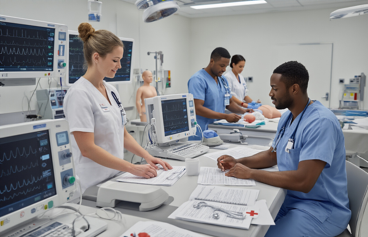 Create a realistic image of a professional medical training environment showing cardiac care competencies, featuring a diverse group of nurses including a white female nurse and a black male nurse practicing with advanced cardiac monitoring equipment, ECG machines, and medical charts displaying heart rhythms, set in a modern hospital training room with bright clinical lighting, medical mannequins for hands-on practice, stethoscopes and medical instruments organized on tables, clean white walls with medical diagrams, creating an atmosphere of professional medical education and skill development, absolutely NO text should be in the scene.