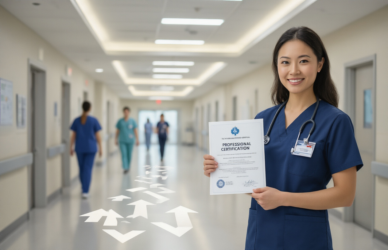 Create a realistic image of a confident Asian female nurse in navy blue scrubs holding a professional certification document, standing in a modern hospital corridor with upward-pointing arrows or pathway symbols subtly integrated into the floor design, bright fluorescent lighting creating a clean and professional atmosphere, with other diverse healthcare professionals walking purposefully in the background suggesting career progression and advancement opportunities, warm and inspiring mood conveying success and professional growth. Absolutely NO text should be in the scene.