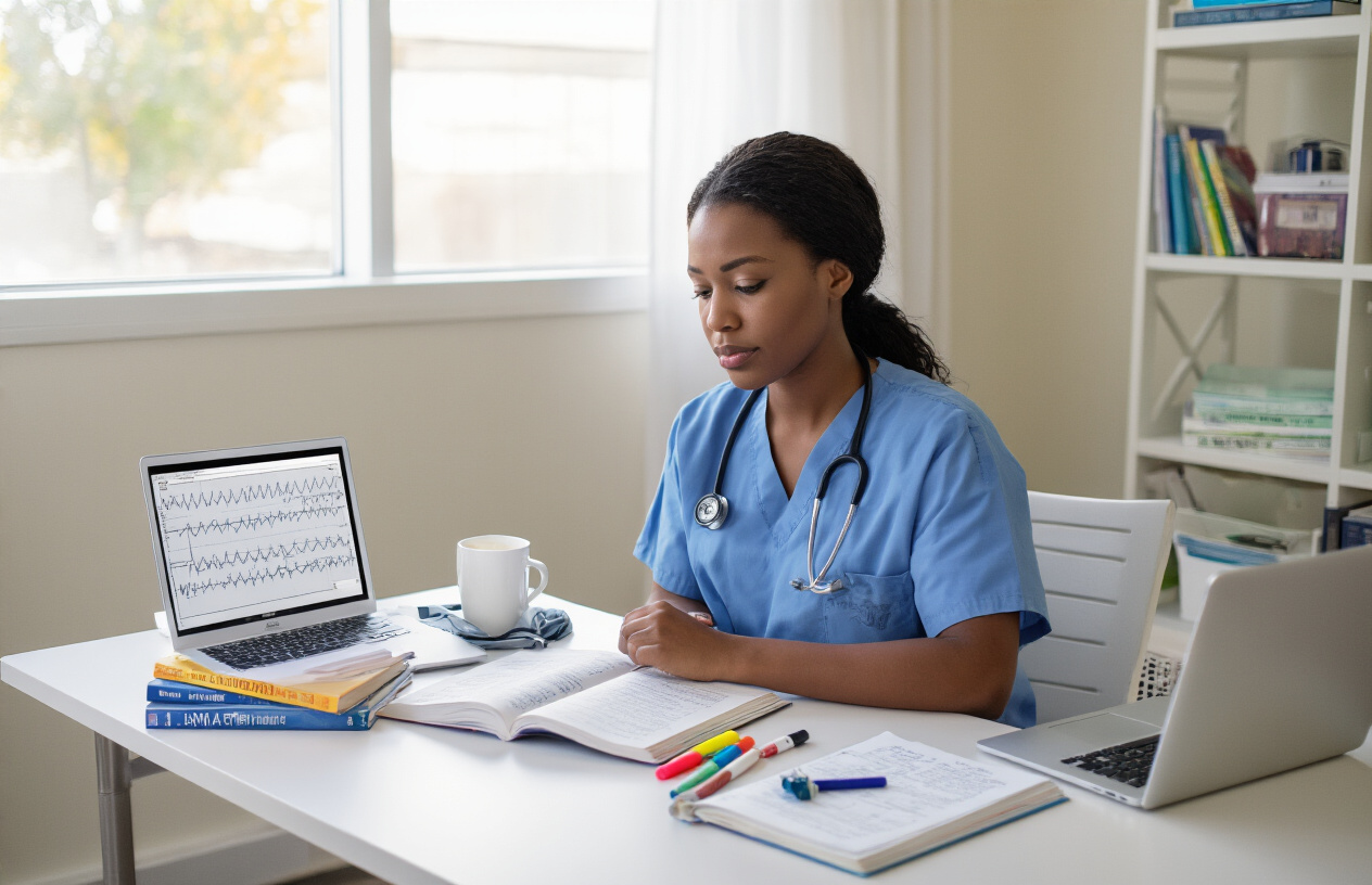 Create a realistic image of a focused black female nurse in medical scrubs sitting at a clean study desk with cardiac care textbooks, medical reference guides, and handwritten notes spread out, a laptop displaying cardiac rhythm strips, a stethoscope draped nearby, a coffee cup, and highlighters, set in a well-lit quiet study room with soft natural lighting from a window, conveying a determined and studious mood as she prepares for her certification exam, absolutely NO text should be in the scene.