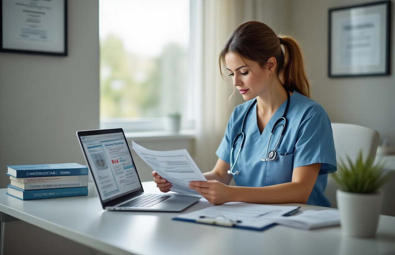 Create a realistic image of a white female nurse in scrubs sitting at a modern desk reviewing cardiac care certification documents and continuing education materials, with a laptop displaying medical training modules open beside her, medical textbooks about cardiology stacked nearby, a stethoscope draped over her shoulder, and framed certificates hanging on the wall behind her, all in a bright professional medical office setting with soft natural lighting from a window, absolutely NO text should be in the scene.