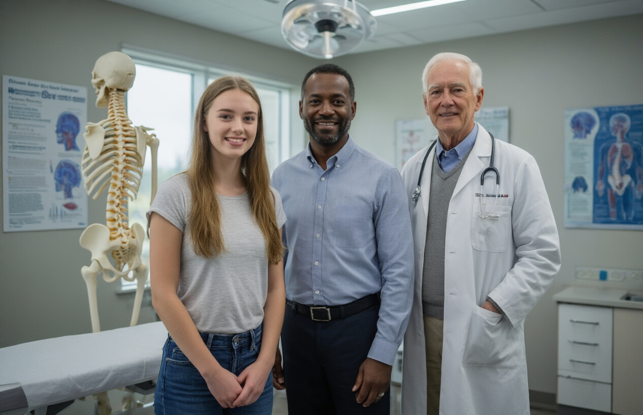 Create a realistic image of a diverse group of people of different ages including a young white female in her twenties, a middle-aged black male, and an elderly white male, all standing together in a modern medical consultation room, with anatomical spine models and educational posters about back health visible on the walls, bright clinical lighting illuminating the scene, conveying a sense of understanding and breaking stereotypes about age-related health conditions, absolutely NO text should be in the scene.