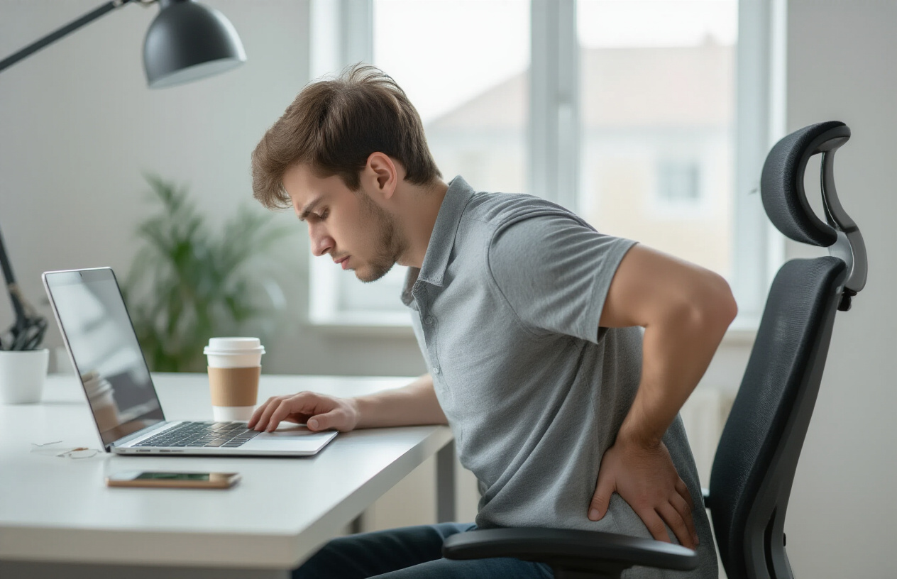 Create a realistic image of a young white male in his twenties sitting at a modern office desk with poor posture, hunched over a laptop computer, one hand reaching back to touch his lower back in apparent discomfort, surrounded by typical modern lifestyle elements including a smartphone, takeaway coffee cup, and ergonomically poor office chair, with a contemporary office or home workspace background featuring neutral lighting that emphasizes the sedentary work environment, conveying a mood of physical strain and the health consequences of prolonged sitting and poor ergonomics, absolutely NO text should be in the scene.