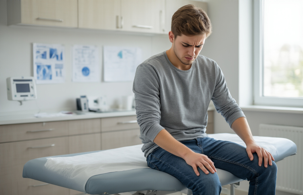 Create a realistic image of a young white male in his twenties sitting on the edge of a medical examination table, wearing casual clothes and holding his lower back with one hand while touching his leg with the other, showing signs of discomfort from sciatica pain, with a clean modern doctor's office in the background featuring medical equipment and charts, soft natural lighting from a window, professional healthcare setting atmosphere. Absolutely NO text should be in the scene.