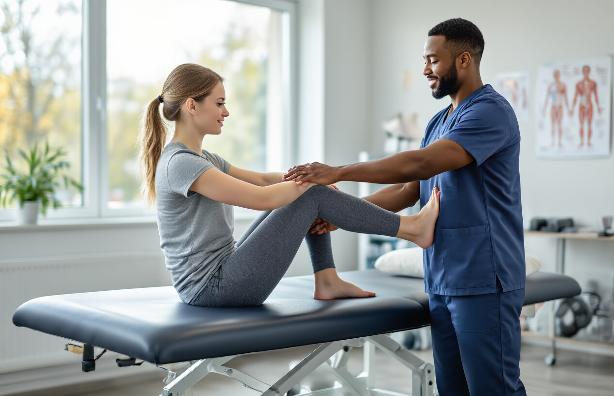 Create a realistic image of a young white female adult in her twenties sitting on a modern physical therapy table receiving treatment from a black male physical therapist who is demonstrating a gentle stretching exercise for sciatica relief, with the patient wearing comfortable athletic clothing, the therapist in professional medical attire, set in a bright, clean, contemporary rehabilitation clinic with exercise equipment and anatomical charts visible in the blurred background, natural lighting streaming through large windows creating a hopeful and healing atmosphere, absolutely NO text should be in the scene.