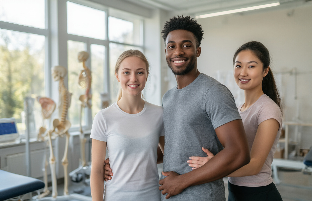 Create a realistic image of a diverse group of young adults aged 20-30 including a white female, black male, and Asian female standing together in a modern physical therapy clinic, all looking confident and healthy after recovery, with one person gently stretching their lower back, exercise equipment and anatomical spine models visible in the background, bright natural lighting streaming through large windows creating an optimistic and hopeful atmosphere, absolutely NO text should be in the scene.