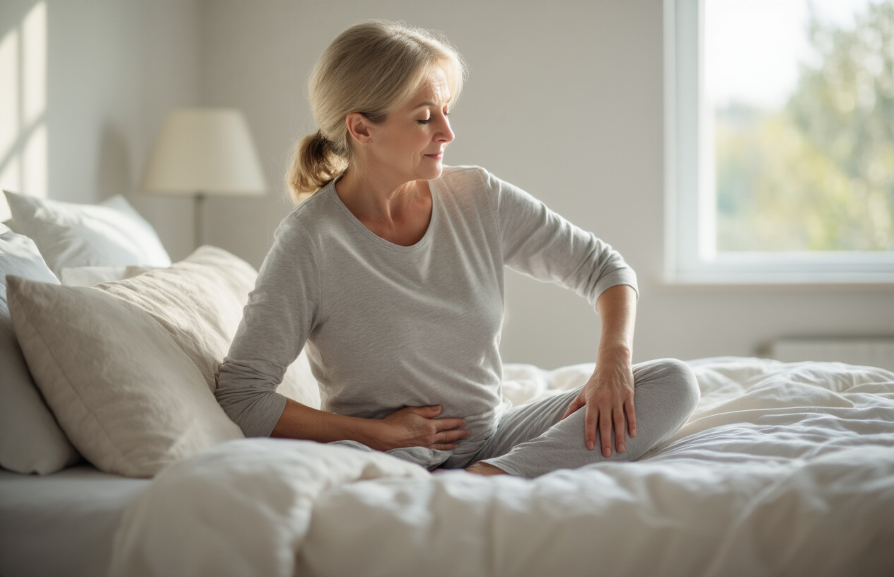 Create a realistic image of a middle-aged white female in comfortable clothing sitting on the edge of her bed in a well-lit bedroom, gently touching her lower back with one hand while performing a simple stretching movement, with soft natural lighting coming through a window, creating a calm and focused atmosphere for self-assessment, absolutely NO text should be in the scene.