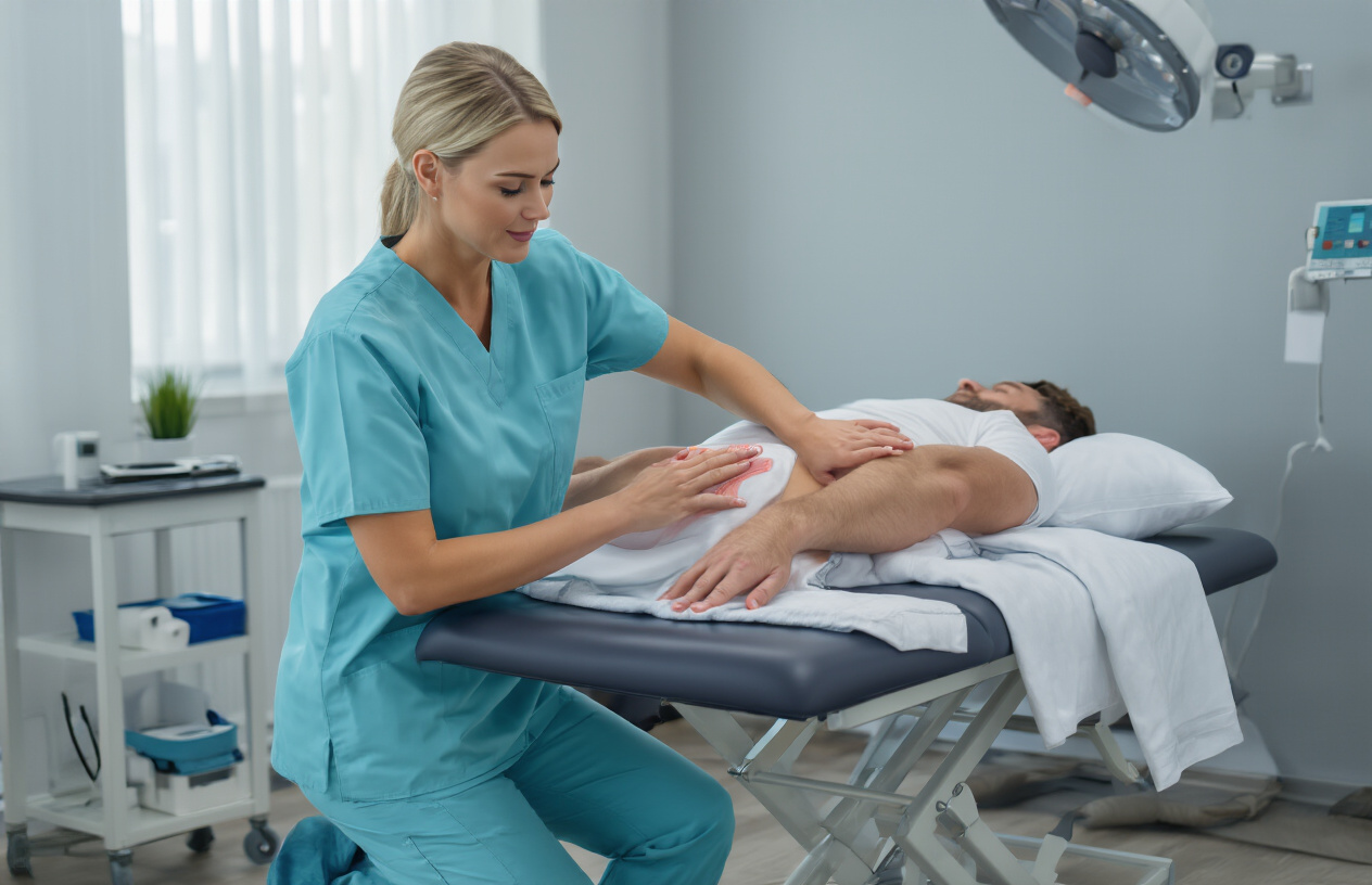 Create a realistic image of a white female physical therapist in scrubs applying therapeutic treatment to a white male patient lying on a medical examination table, showing targeted relief techniques with the therapist's hands positioned on the patient's lower back area, medical equipment including heat therapy pads and therapeutic tools visible on a nearby cart, clean modern physical therapy clinic setting with professional lighting, calm and focused atmosphere suggesting personalized treatment approach, absolutely NO text should be in the scene.