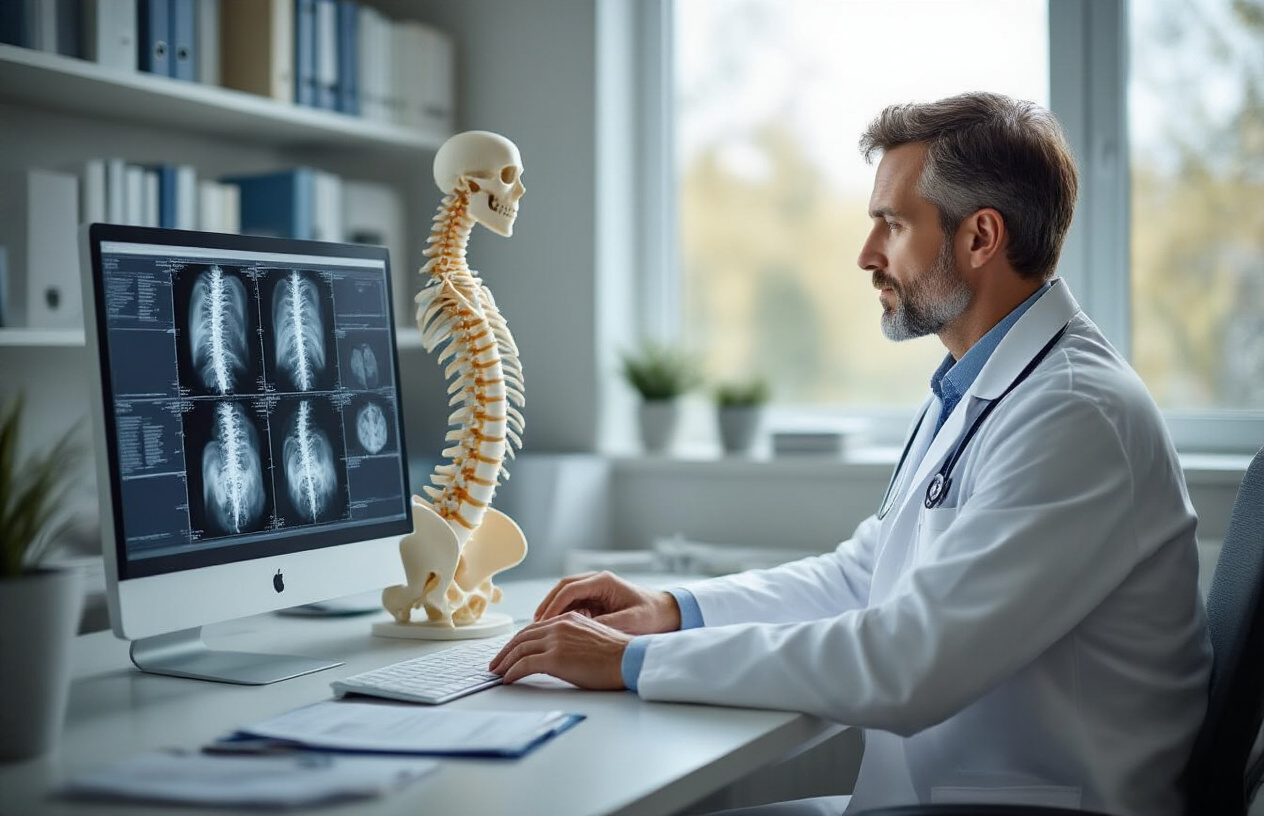 Create a realistic image of a white male healthcare professional in a white coat sitting at a modern medical office desk, reviewing medical charts and spine X-ray images displayed on a computer monitor, with a detailed anatomical spine model positioned prominently on the desk beside him, soft natural lighting streaming through a window in the background creating a calm and professional atmosphere, medical books and examination tools neatly arranged on shelves behind him, conveying a sense of expertise and thorough medical assessment, absolutely NO text should be in the scene.